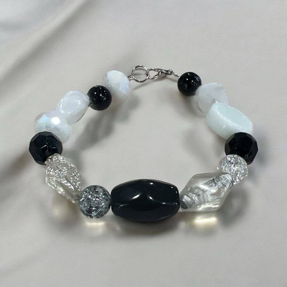 Chic Monochrome Beaded Glass and Acrylic Bracelet